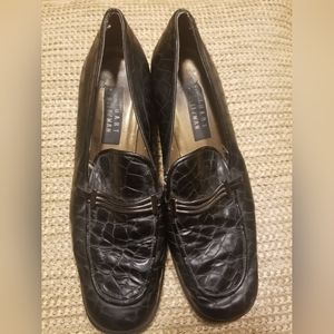 STUART WEITZMAN Leather Moc Croc Heeled Loafers Size 9 1/2 Black